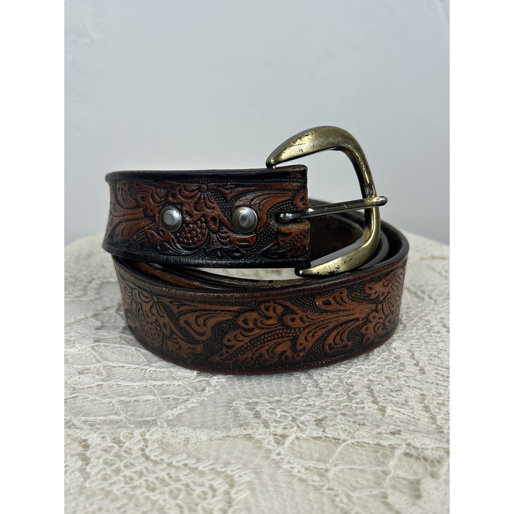 Leather Embossed Vintage Belt Brown Western Cowboy Boho Size 44 Retro Western